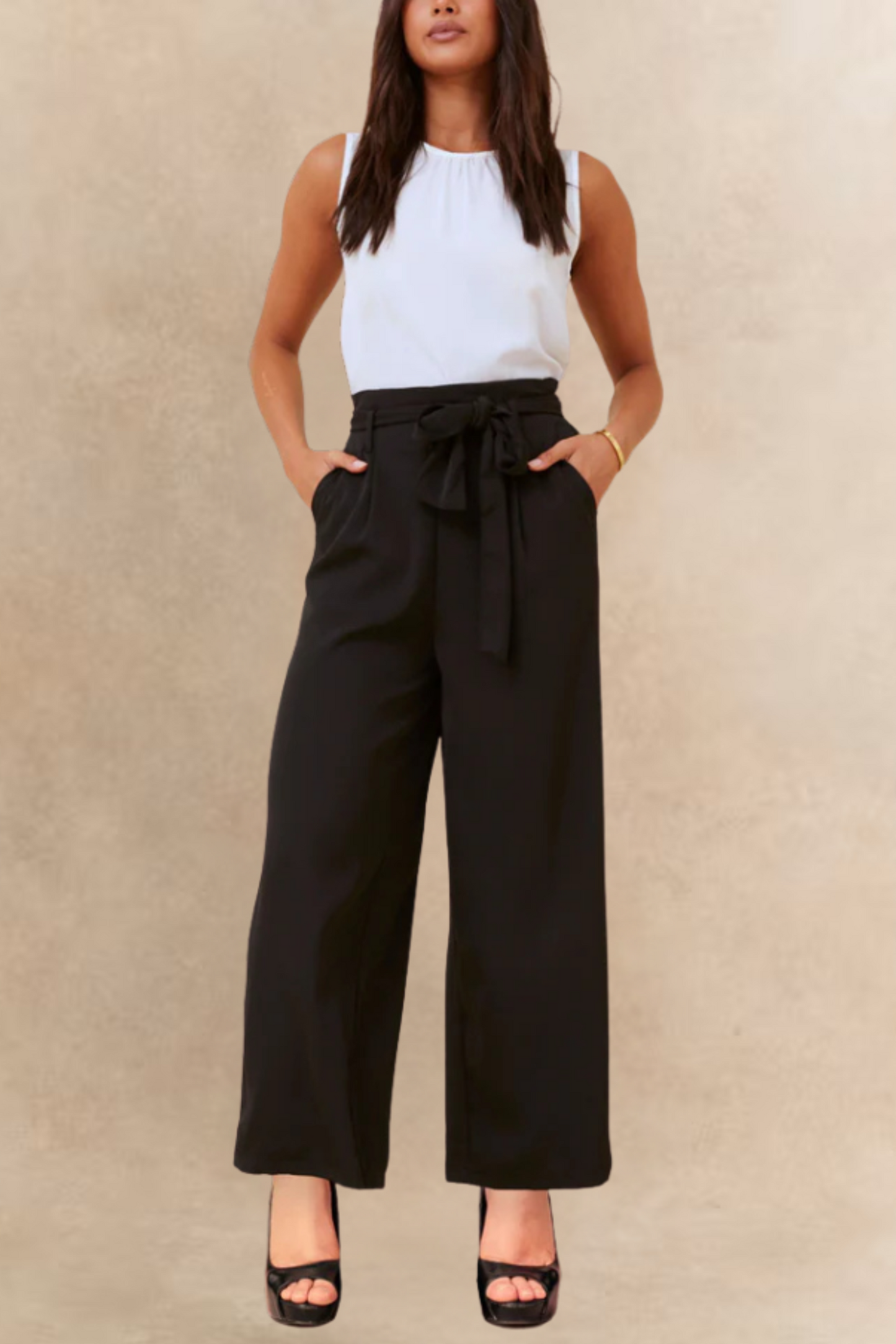 Alba Black Paperbag Pants Straight Leg Elastic Waistband